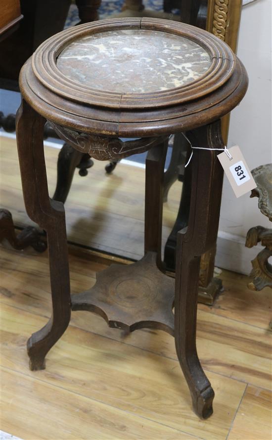 A French beech and marble pot stand W.40cm